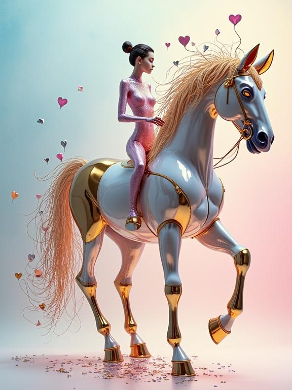 A metallic naked woman stands proudly on a polished metal horse. The woman is intricately crafted in blue and gold tones. The horse features a blend of white and orange elements. Silver adds a contrasting sheen. Hearts in silver, orange, pink, and gold surround the figure. The background has a pastel blend of pale blue and soft pink. This is inspired by Japanese manga art.
