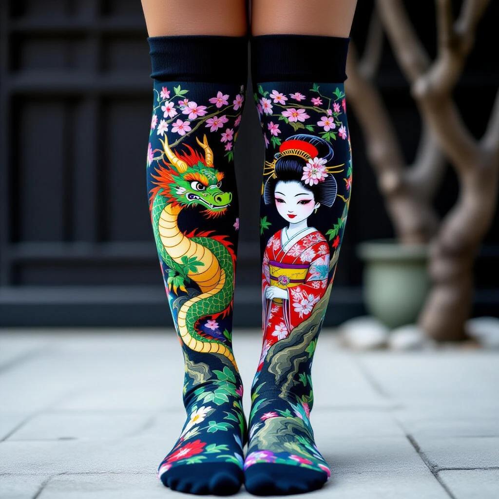 Close-up image of thigh-high socks featuring a dragon and a geisha. Design includes ivy and cherry blossoms. Vivid dark colors on a professional background.