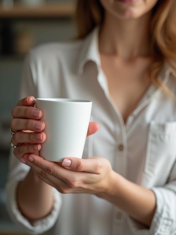 A woman holds a white cup with her arm extended. The background is blurred, focusing on the woman and the cup. Soft, warm lighting sets a cozy atmosphere.