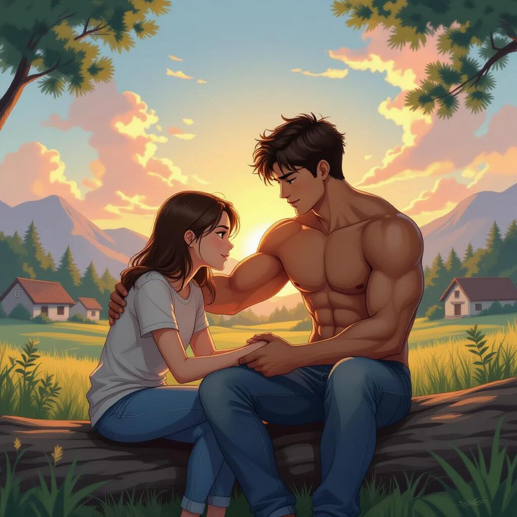 Muscular male teenager comforts another female teenager. They sit on a log and gaze at the horizon. The artwork features a warm sunset over mountains with a quaint village. Pine trees dot the background. Manga aesthetic is prominent.
