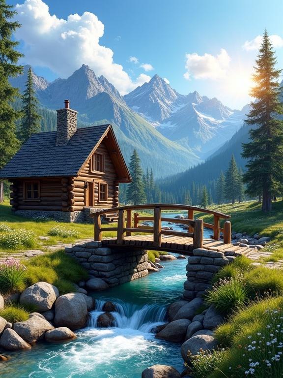 A picturesque landscape showcasing a log cabin next to a rustic wooden bridge. The bridge spans a clear stream with blue-green water. Surrounding green grass and wildflowers enhance the beauty. Tall evergreen trees frame the scene, while majestic snow-capped mountains rise in the background under a bright blue sky. The sun casts brilliant rays, illuminating the entire setting with warmth.