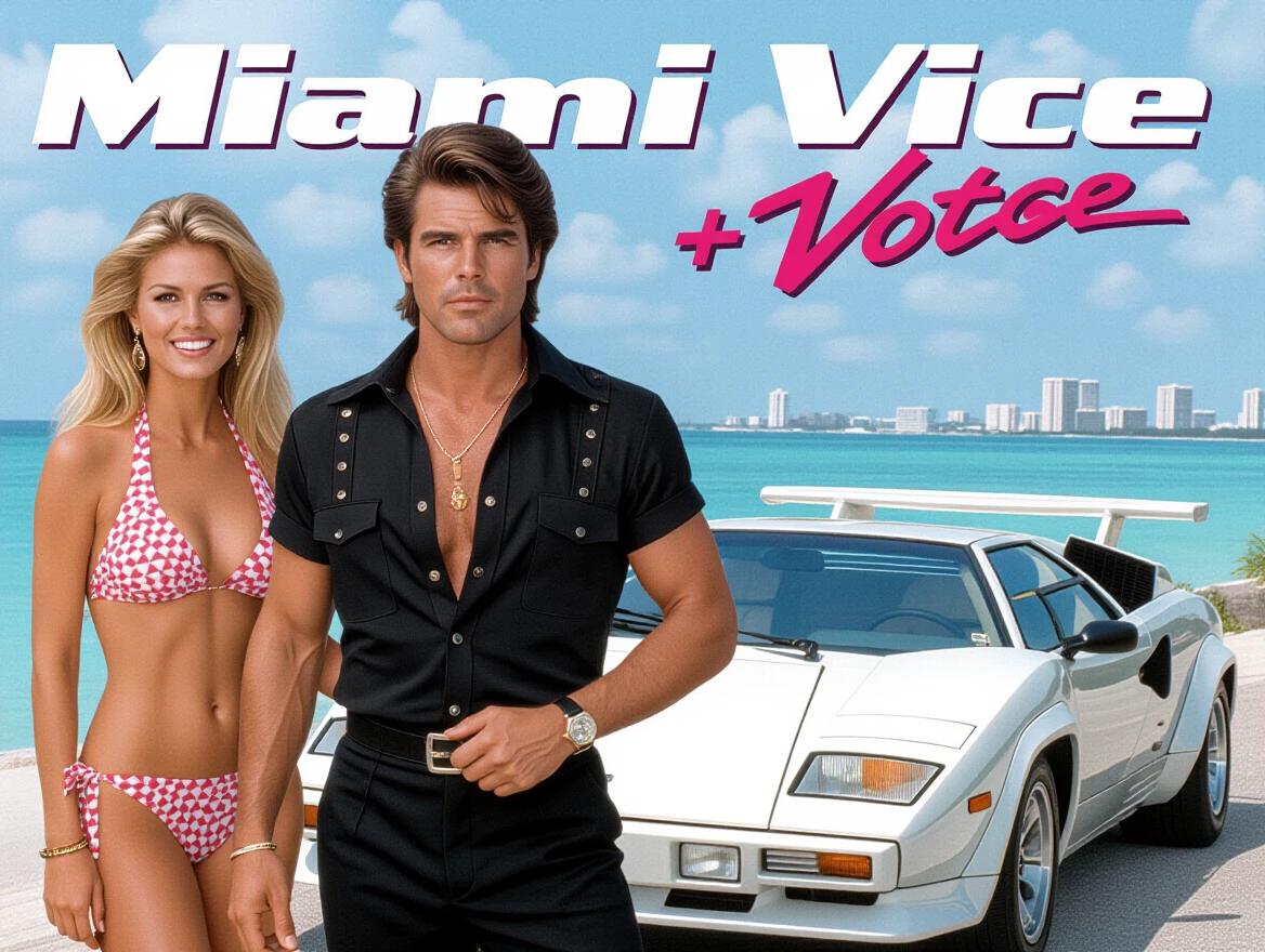 Film poster for 1980s action movie Miami Vice. Features two charismatic individuals with 80s hairstyles. Background has ocean view. Includes a white Lamborghini Countach. Full body view of characters. HDR and vibrant colors used.