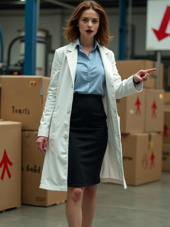 Photograph of a woman in a warehouse wearing a white lab coat over a light blue shirt and a black skirt. She is pointing to the right with her left hand and extending her right hand forward. The woman has dark lipstick and a confident expression. She stands among cardboard boxes with red labels and arrows. Industrial elements like pipes are visible in the background. The color scheme includes blue, black, white, and brown. She wears high-heeled shoes and has a slim figure.