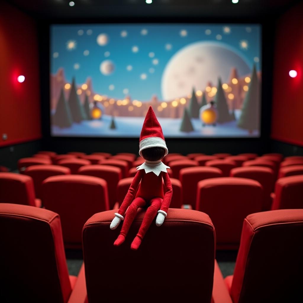 Elf on the Shelf in a cinema setting. Elf is red and white, seated in empty red theater chairs. A festive movie scene is displayed on the large screen. A cozy, inviting atmosphere prevails.