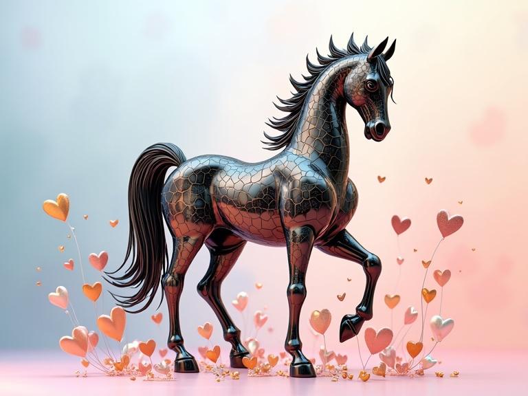 A large glossy metal horse figure crafted with intricate patterns and tones. It stands amongst tiny hearts in various sizes and orientations. Background blends soft pastel colors creating depth and enhancing the metalwork's beauty. Inspired by Japanese manga art and featuring a watercolor texture.