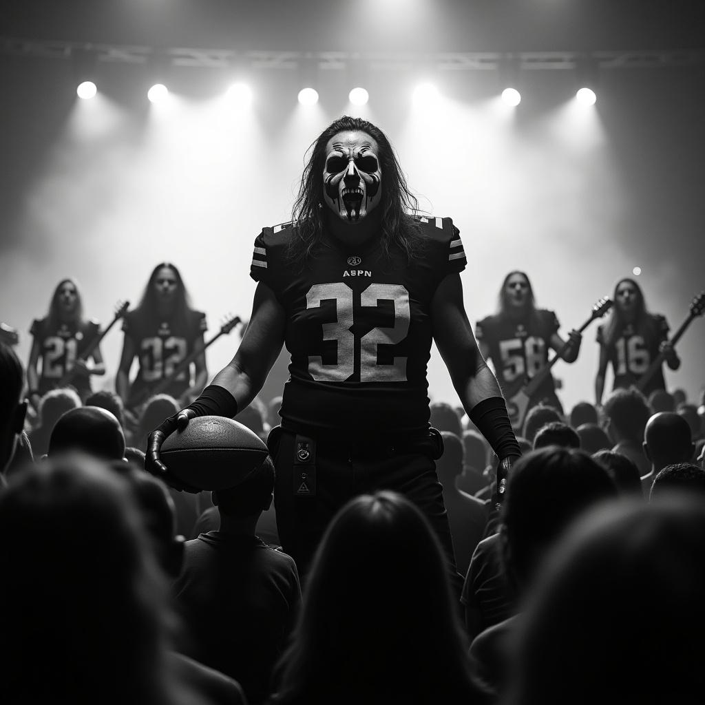 Black and white image of a buffalo bills football player on stage. Player has corpse paint typical of black metal. Holding a football and facing the audience. Stage has dramatic lighting and smoke, creating an eerie atmosphere. Displays unity among band members, essential to black metal. Captivated crowd shows a strong connection between musicians and fans.