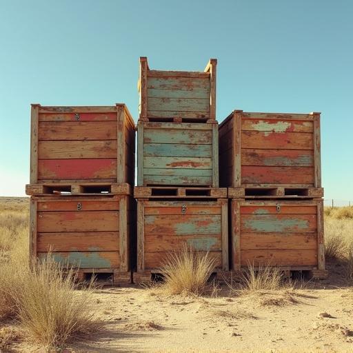 Crates stacked in a desert environment. The scene features vintage wooden crates with peeling paint. Sunlight illuminates the crates against a clear blue sky.