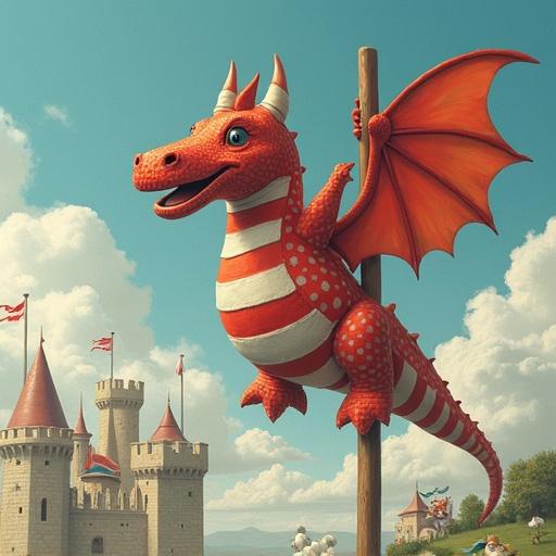 Striped sock puppet dragon smiles and waves on a laundry pole. Polka-dot underwear knights march towards a cotton castle on fluffy clouds. Bright blue sky with soft clouds surrounds the playful scene.