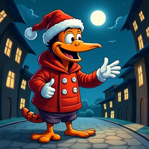Create a cartoon drawing of a nocturnal monkey in festive attire on a moonlit street.