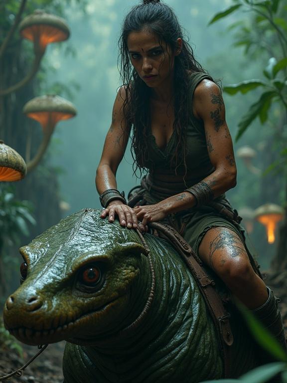 A warrior in ragged clothing sits on a reptilian creature. The creature has a slimy, armored hide. They move through a jungle shrouded in mist. Bioluminescent fungi glow in the background. The warrior shows signs of battle with sweat and bruises. Her expression is determined despite the pain.