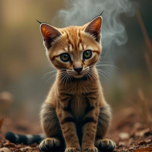 A cat designed like a war machine releasing smoke