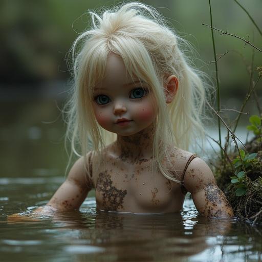 Ball-jointed doll sits in a river with dirt on its skin. The doll has long hair and a serene expression. Surrounded by nature.