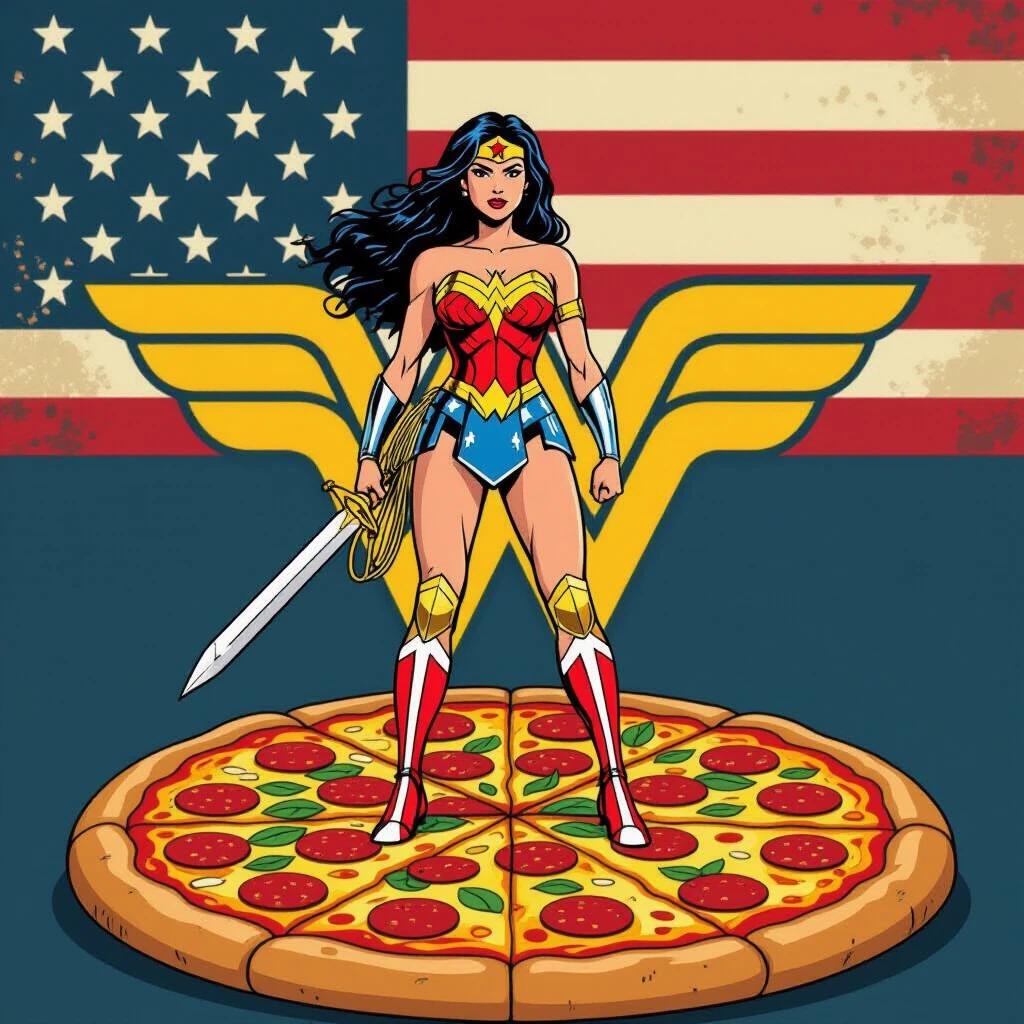 Wonder Woman stands strong on a giant pizza with an American flag background. Colorful and vibrant comic style.
