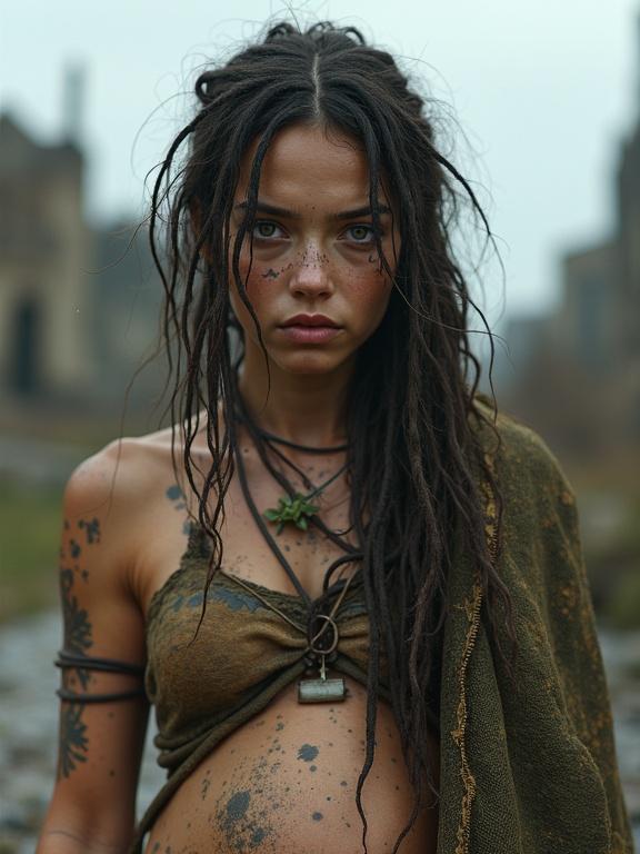 Detailed portrait of a young huntress in a wasteland. She has long tangled hair with dreadlocks. Skin is dirty with mud camouflage. Tribal tattoos are on her face and arms. Expression is cold and wary. Clothing is primitive and handmade. Background features a ruined city under an overcast sky.