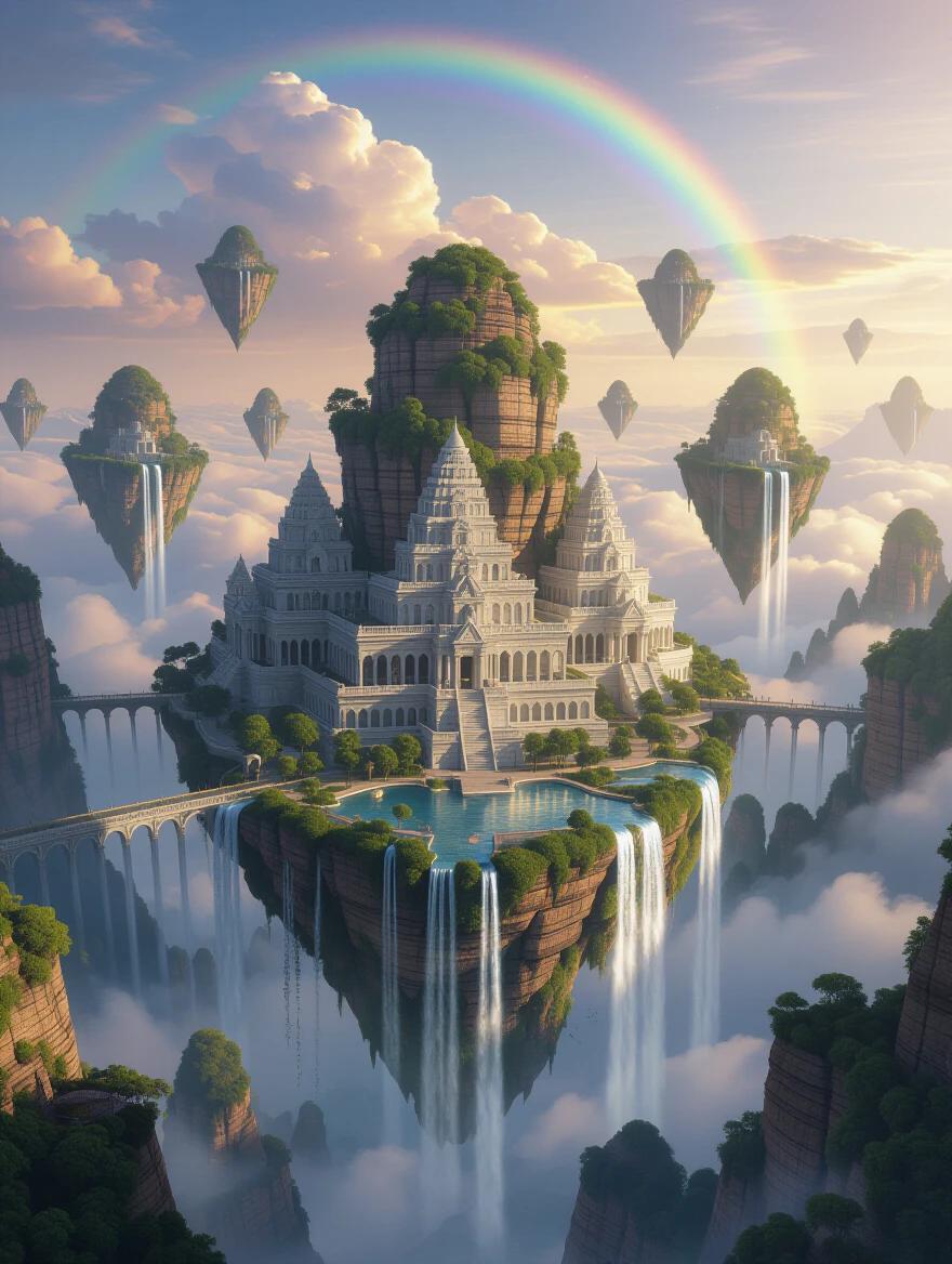 A breathtaking landscape masterpiece showcases floating islands in a twilight sky. The scene features a central temple complex made of white marble with cascading waterfalls. Lush forests and bioluminescent plants cover islands. The sky displays colorful clouds and three moons. Mystic light rays enhance the atmosphere. The image is captured in a wide-angle perspective with depth of field. 8K resolution emphasizes detailed textures and reflections in water.