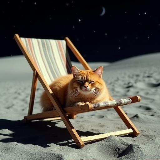 A fluffy ginger cat relaxed on a faded striped deckchair on the moon. Cat's eyes are half-closed basking in sunlight. Deckchair's fabric shows creases from the cat's weight. Soft light creates long shadows on the moon's surface. Background features a deep black sky with stars. The depth of field isolates the cat and chair on the lunar landscape.
