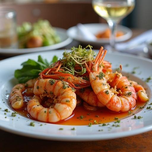 Seafood dinner in Pampatar. Shrimp dish beautifully presented on a white plate. Glass of wine in the background. Dining setting near the sea.