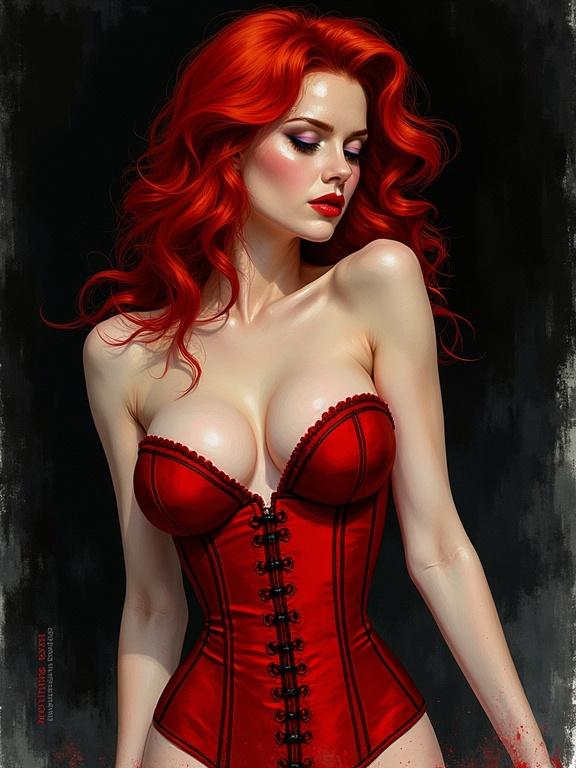 Beautiful seductive redhead in a red corset. Background is black. Style resembles graphic novel wash watercolor. Influences of Russ Mills and Patrick Nagel evident.