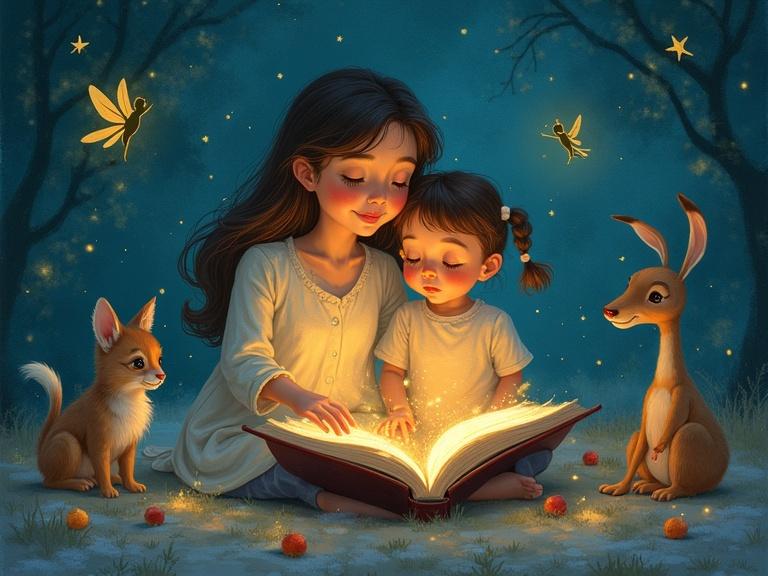 A mother reading a glowing storybook to her child. Fairies and animals come to life around them. Use soft pastels and delicate linework. Create a magical, hand-painted texture for a fairytale vibe.