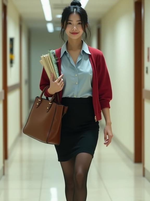 A young East Asian female agent in a light-blue blouse and black skirt carrying intel files. She wears a cherry-red cardigan, black pantyhose, and low-block heels. Brown satchel slung over her shoulder. She's moving gracefully through an agency corridor with off-white walls, showing determination and grace.