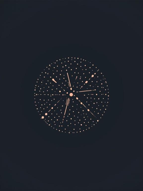 Minimalist design with symmetrical dots and lines creating a geometric logo. Dark background enhances the shapes. Central focus on the circular pattern made of fine lines and dots.