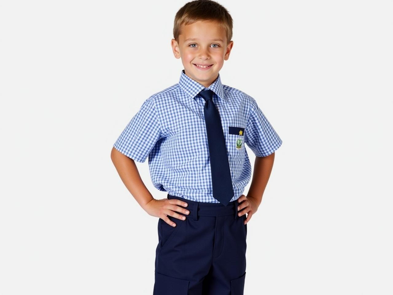 The image features a young boy standing confidently. He is wearing a blue and white checked school uniform. The shirt has short sleeves, paired with a dark blue tie and matching trousers. There is also a small pocket on the left side of his shirt with a school emblem. The background is plain, highlighting the boy's expression and uniform.