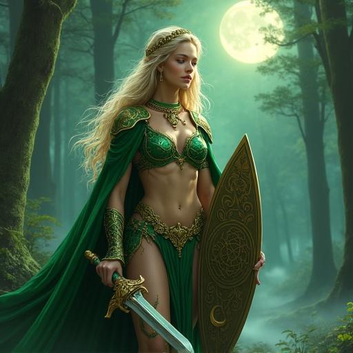 Majestic cleric of Corellon wearing green Celtic-inspired bikini armor with gold. Standing in a mystical moonlit forest at night. Holding an elvish sword and kite shield. Flowing blonde hair and gold circlet.