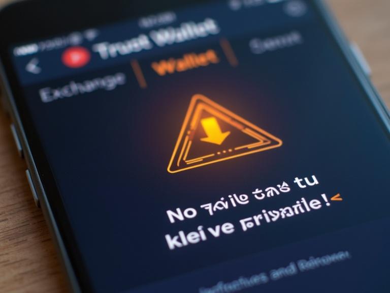 Close-up view of a digital wallet app displayed on a smartphone. Display of a physical Ledger device beside it. Visual indication with arrows from 'Exchange' to 'Wallet'. Glowing caution sign emphasizing private key security.