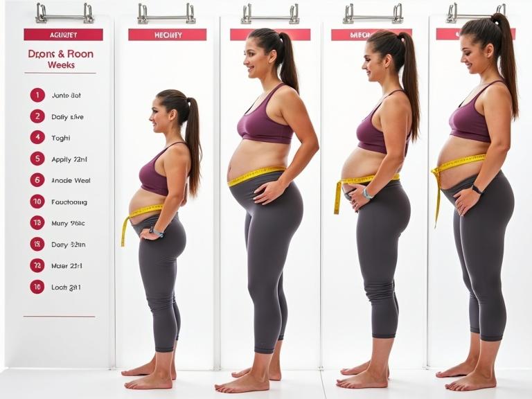 Calendar showing weekly marks. Progressive photos of someone working out. Individual measuring waist. Positive physical changes over several weeks.