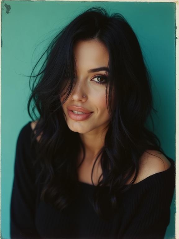 Intimate polaroid photo of a confident woman with black hair. She wears a black off shoulder sweater and poses against a turquoise wall. Her deep amber eyes and shy smile are highlighted.