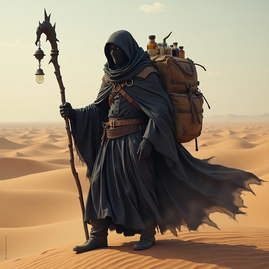 Dark merchant stands in the desert. The figure is shrouded in a cloak and ninja-like attire. A large, heavy backpack loaded with items is seen. Holding a staff, the cloak is opening to unveil various mysterious elixirs inside.