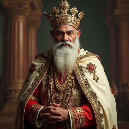 Hyper-realistic portrayal of a king in India with an elaborate crown and robes. The figure is adorned with jewelry. The background indicates a royal setting with grand architecture.