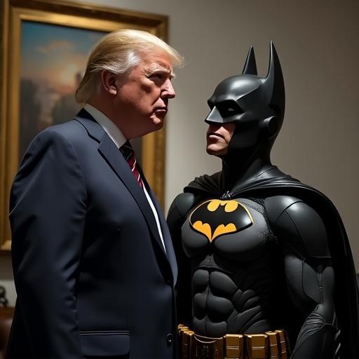 Batman figure in costume stands next to presidential figure in a formal suit. Indoor setting with a classic painting in the background. Batman's iconic colors are prominently displayed. Subjects are in profile view against a softly lit room.