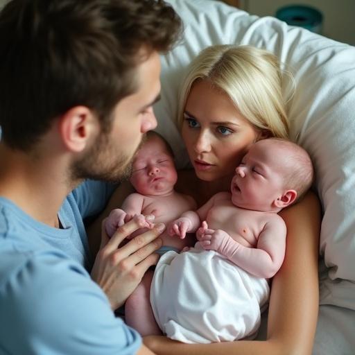 A couple with newborn triplets showing love and connection. The mother cradles a baby, while the father supports her with a gentle touch. The room is softly lit and cozy.