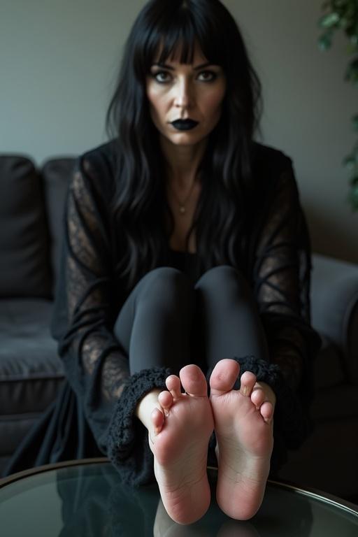 Image showcases a mature goth woman sitting on a couch with her long black hair. She displays her bare feet on a glass table. The soles of her feet show signs of wear. The overall mood reflects alternative fashion and lifestyle.