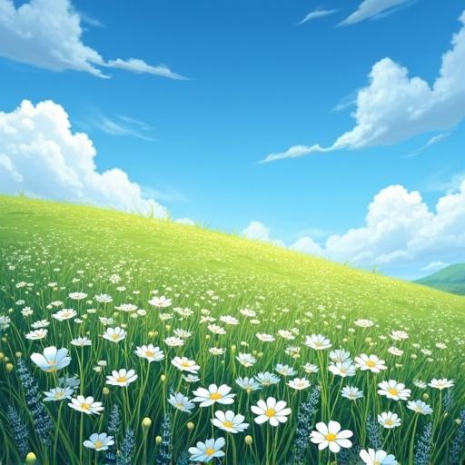 A gently sloping hill covered with blooming nemophila flowers against a blue summer sky.