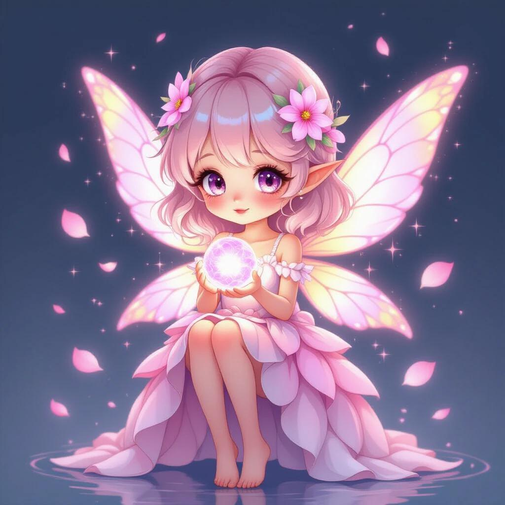 Hyperrealistic watercolor illustration depicts a magical fairy girl in a pastel petal dress. She has translucent glowing wings. The fairy is holding a flower orb. The scene features sparkles and floating petals. Elegant character design. Isolated on white.