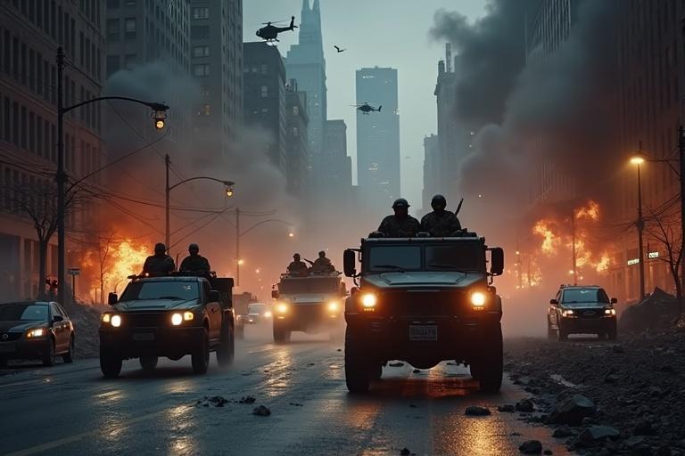 Ultra-realistic night scene of military vehicles entering a burning city responding to an alien spacecraft crash. Scene shows destruction with overturned cars, debris, and flaming rubble. Dark sky filled with smoke and distant explosions visible. Street level camera angle captures advancing convoy with soldiers on vehicles. Alien crash debris in skyline.