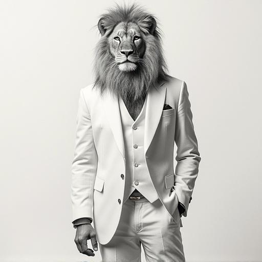 A man wears a white suit with a lion's head. The lion has a majestic expression. The suit is tailored with a modern design. The image has a minimalist background. The colors are monochrome with a focus on white and grey textures.
