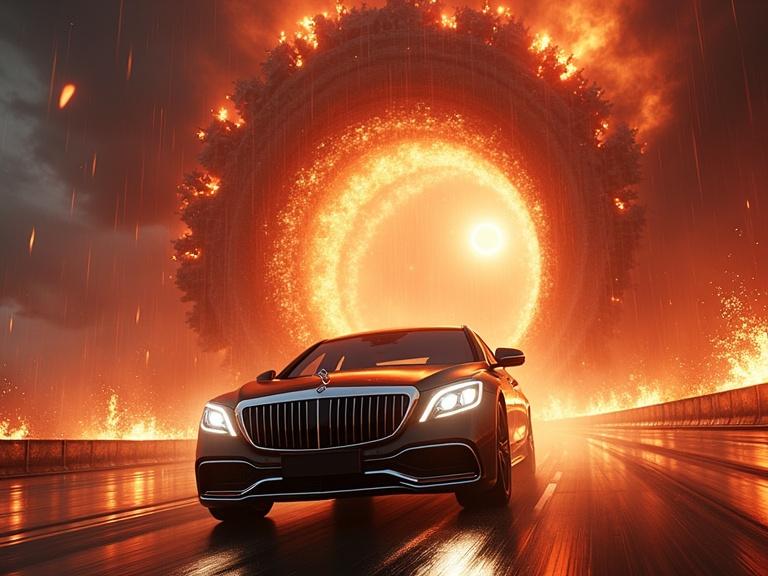 Obsidian Maybach S600 racing through a swirling hurricane. Rain transforms into liquid mercury crashing onto the windshield. Inside, Chu Zihang's eyes shine like supernovae illuminating his jawline. Highway asphalt bends upward exposing an endless void. Mid-air raindrops turn into blood-red diamonds. Skyscrapers collapse into fractals. A surreal 4000-foot archway of twisted roots and non-Euclidean monoliths looms ahead. Background boasts of triple black hole eclipse bleeding anti-light.
