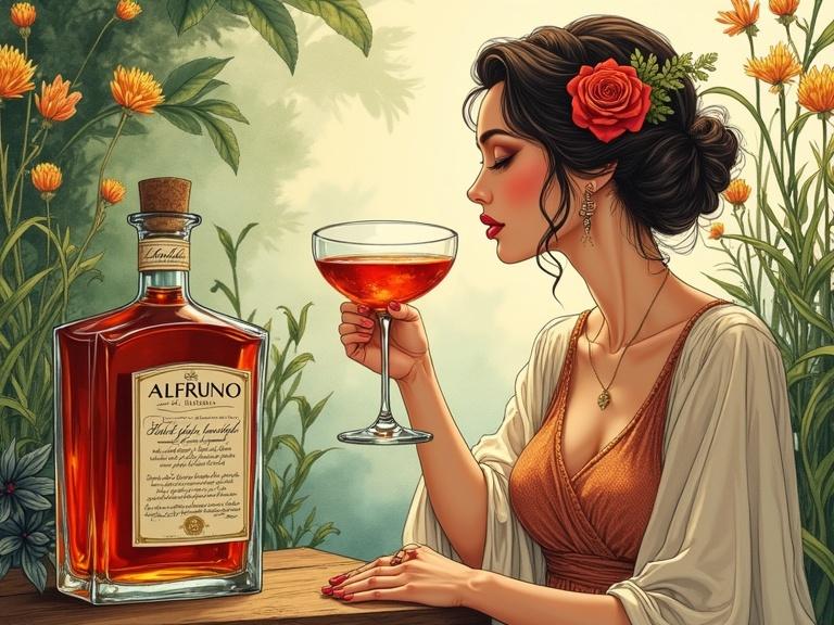 Stylized advertisement of a 1920s speakeasy featuring a voluptuous goddess with a cocktail. She has hair in a bun with a flower. Dressed in a boho blouse and wrap-skirt surrounded by wildflowers. The scene includes an apothecary-style bottle labeled 'ALFRUNO' filled with reddish liqueur. The illustration is vibrant with earthy tones and a whimsical style.