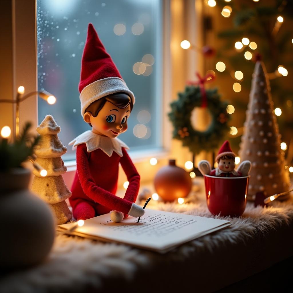 Elf figure dressed in red sitting at a table writing a letter. Surrounding decorations include lights, a tree, and festive ornaments.