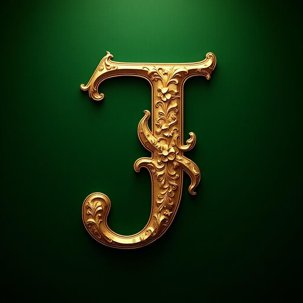 Luxurious golden letter J with intricate engravings on rich green background.