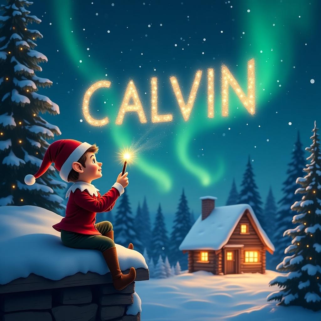 A charming scene featuring a boy elf on a shelf writing 'CALVIN' in the sky using a shimmering wand. The elf is seated on a snowy ledge. He gazes at a starry night filled with northern lights. In the distance, a cozy cabin glows warmly with lights. This setting enhances the festive atmosphere. As the elf writes, a sense of joy and Christmas magic fills the air. This delightful image captures the essence of holiday spirit, perfect for seasonal celebrations.