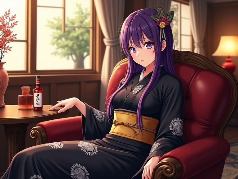 Anime beauty in a luxurious retro lounge. Elegant vintage leather sofa. Striking violet hair and eyes. Traditional shiny black kimono with white floral patterns. Stylish gold obi belt. Relaxed and refined posture. Bottle of alcohol on the table with Japanese writing. Antique decor with warm golden lighting. Serene view through the window.