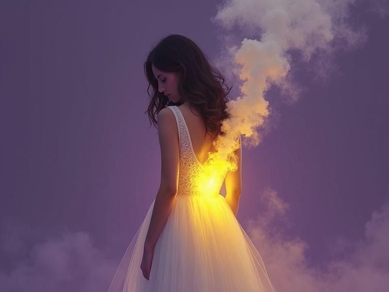 A woman is wearing a white dress. Her lower back glows with yellow light. Gray smoke rises from her back. Background is purple. The style is realistic.