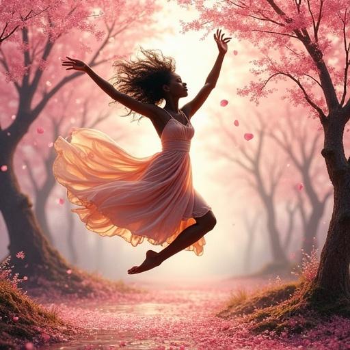 Image combines watercolor and resin techniques. A silhouette of an African American dancer leaps joyfully. Background features cherry blossoms and sakura petals. Scene is dreamlike with embossed textures. Gold accents add elegance.