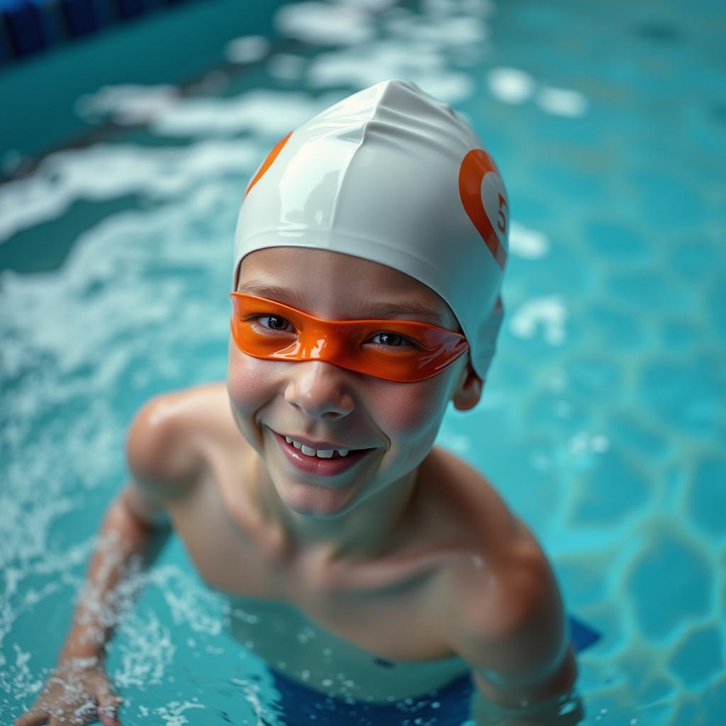 A boy in a swimming pool wearing a swim cap. The swim cap covers his eyes like a blindfold. The boy is being spun around. He is partially submerged in water.