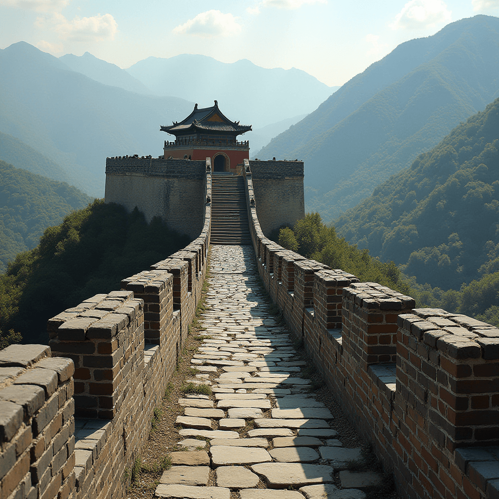 The image showcases a picturesque section of the Great Wall of China, set against a backdrop of rolling, mist-covered mountains under a clear sky. The pathway, composed of large stone slabs, leads directly to a well-preserved watchtower, indicating the historical significance of this structure. The Great Wall's signature crenellations run along the sides, adding to the ancient aesthetic. The lush green forested mountains contrast with the grey stone of the Wall, creating a serene and majestic landscape.