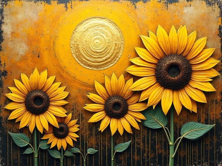 Mixed media artwork featuring sunflowers and a sun. Encaustic methods with distressed textures and gilded elements. Abstract design with a zentangle-inspired style and vibrant yellow colors.